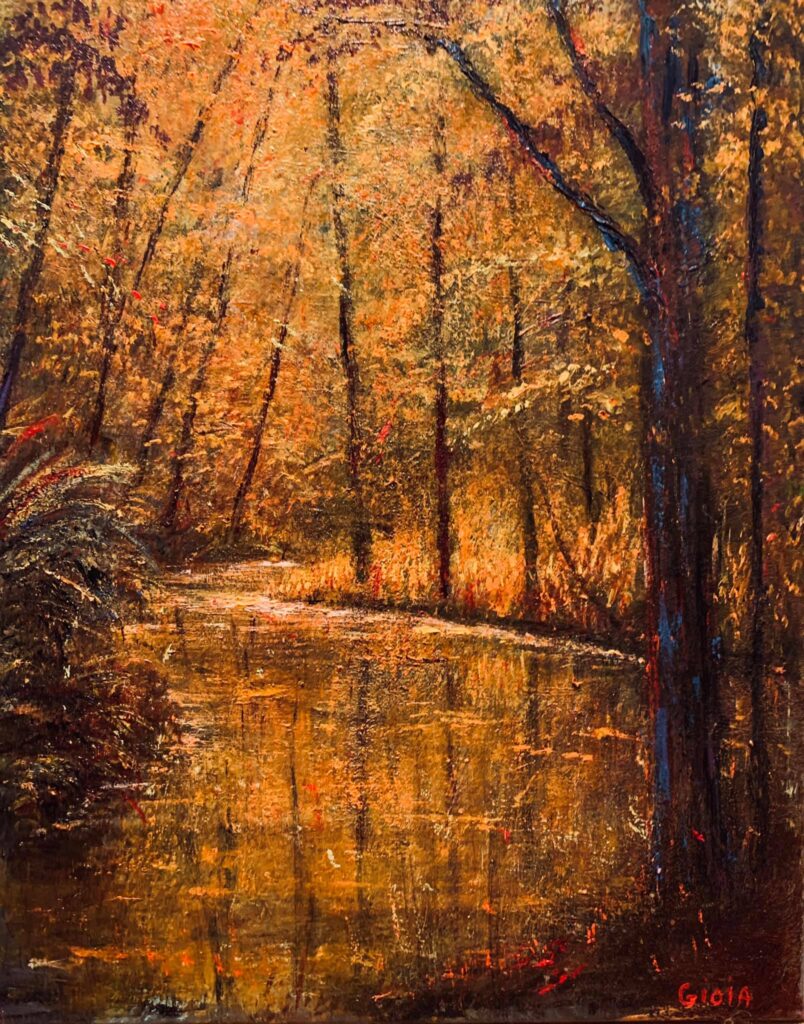 A painting of trees and water in the fall