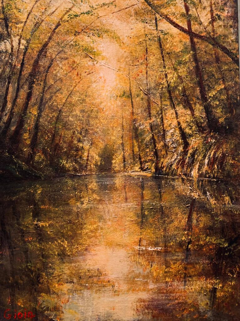 A painting of trees and water in the background