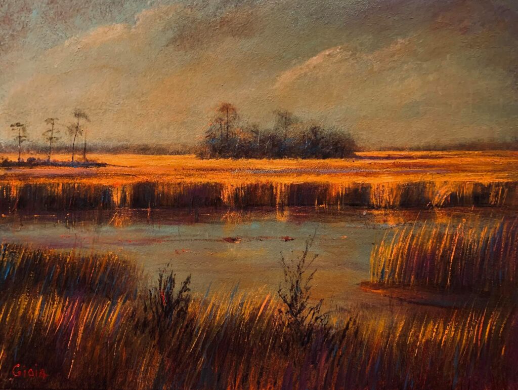 A painting of a marsh with trees in the background