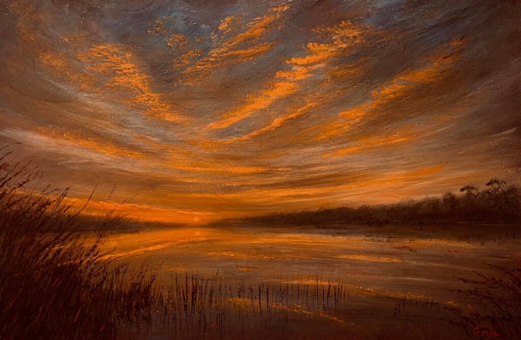 A painting of an orange sky over the water