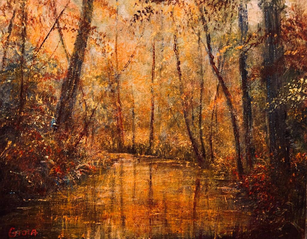 A painting of trees and water in the woods