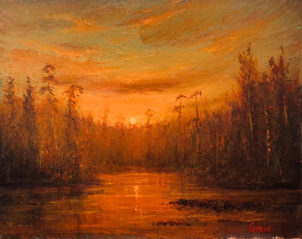 A painting of the sun setting over a lake