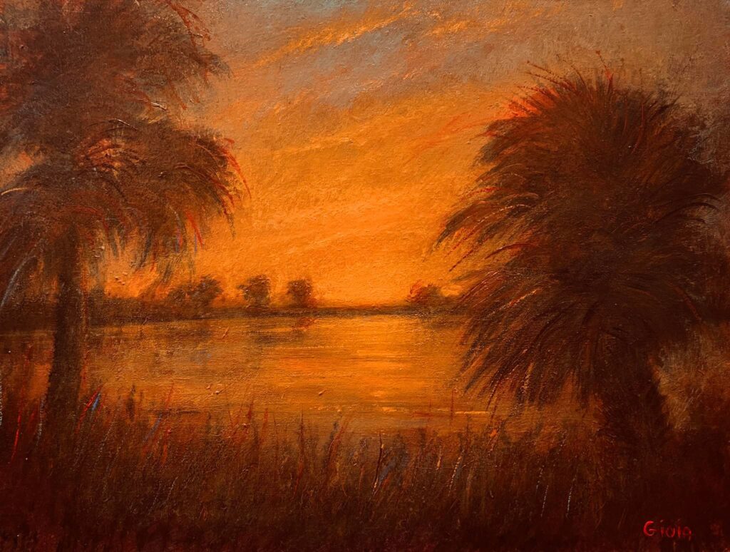 A painting of trees and water at sunset