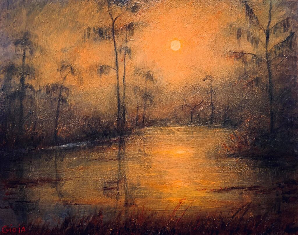 A painting of trees and water at sunset.
