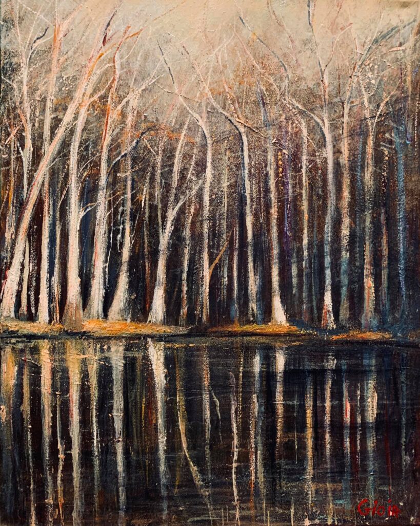 A painting of trees reflecting in the water