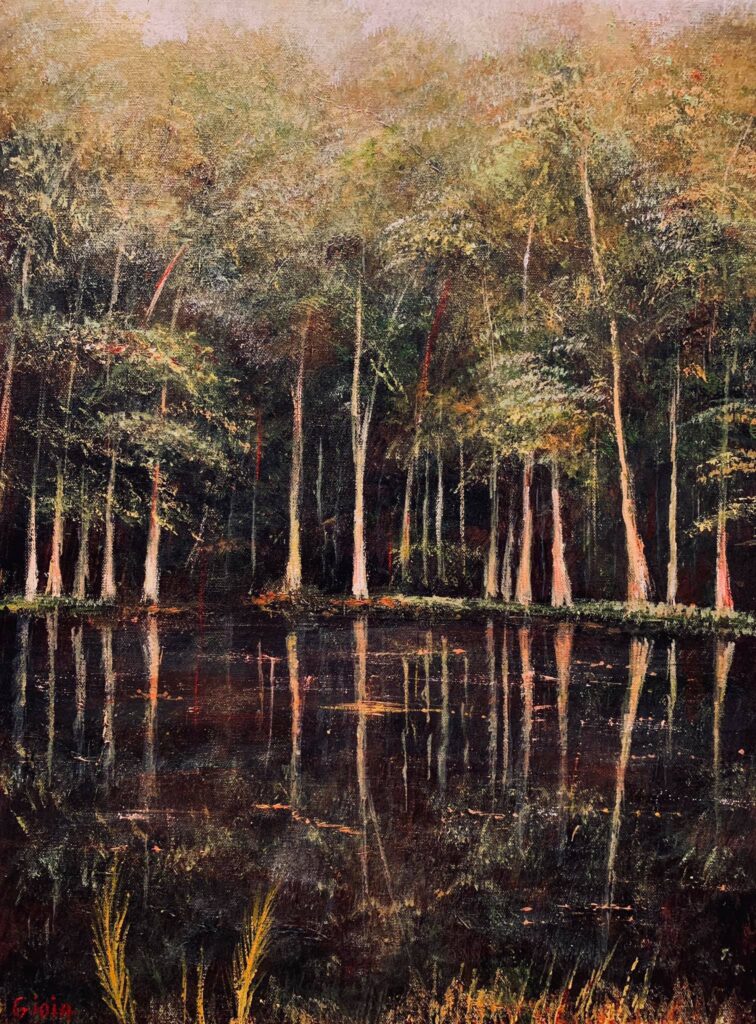A painting of trees and water in the foreground.