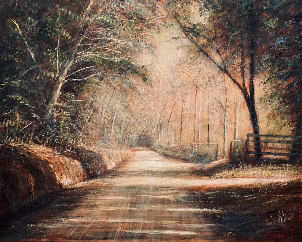 A painting of a road with trees and dirt