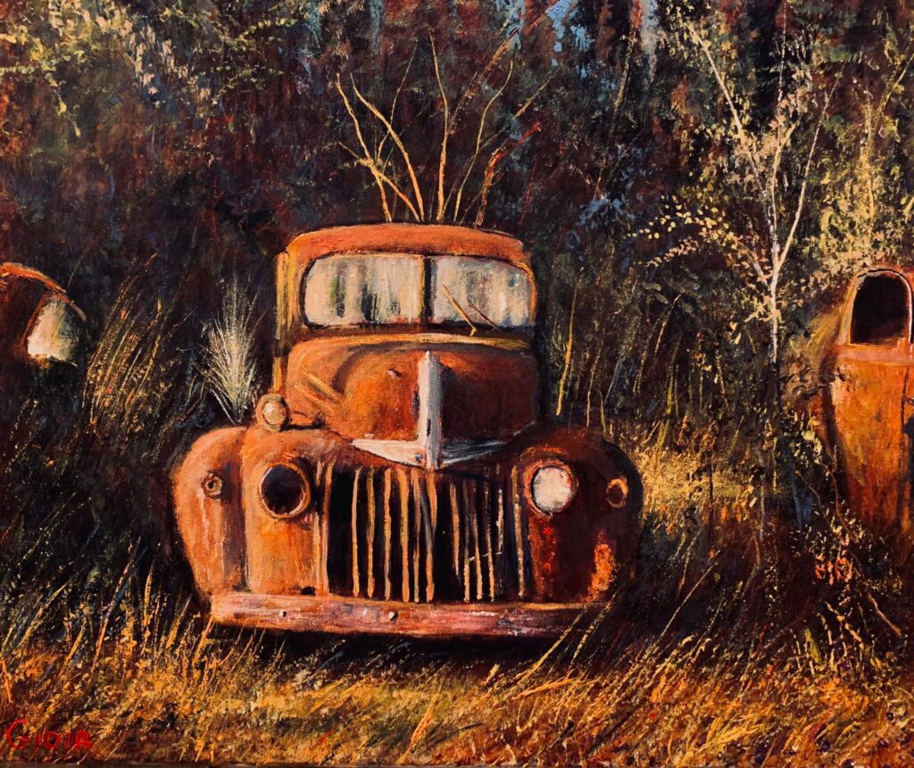 A painting of an old rusty truck in the woods
