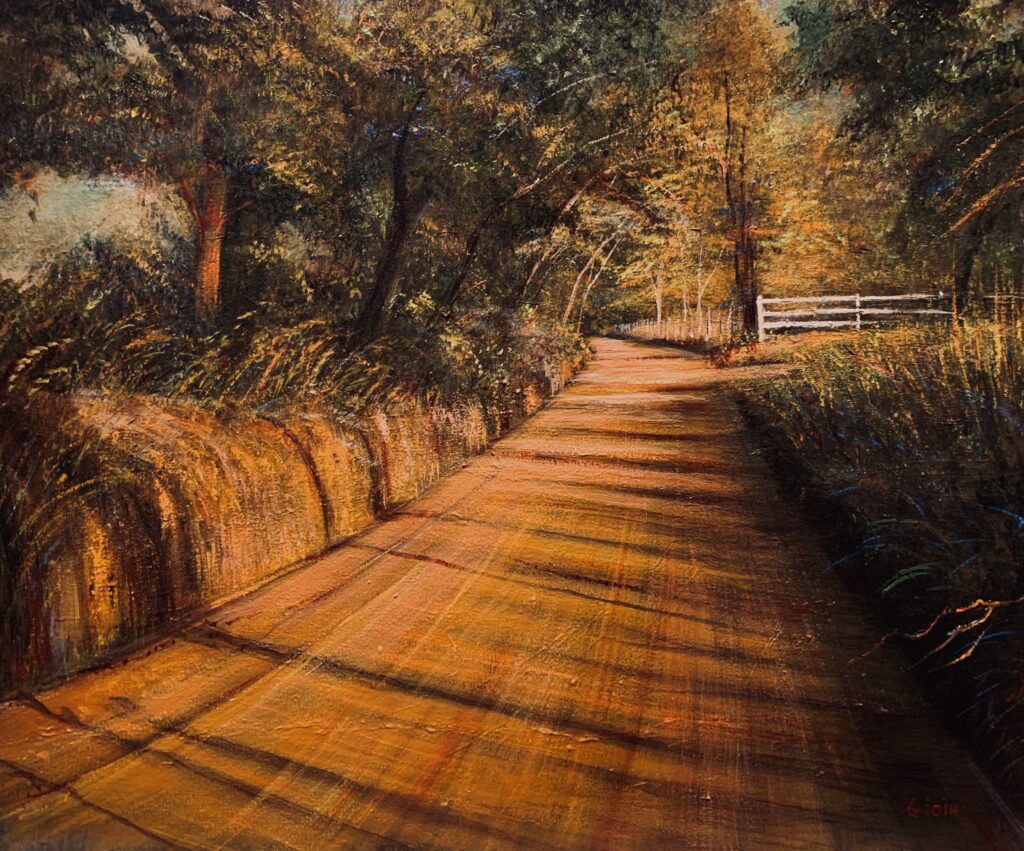 A painting of a road with trees and grass