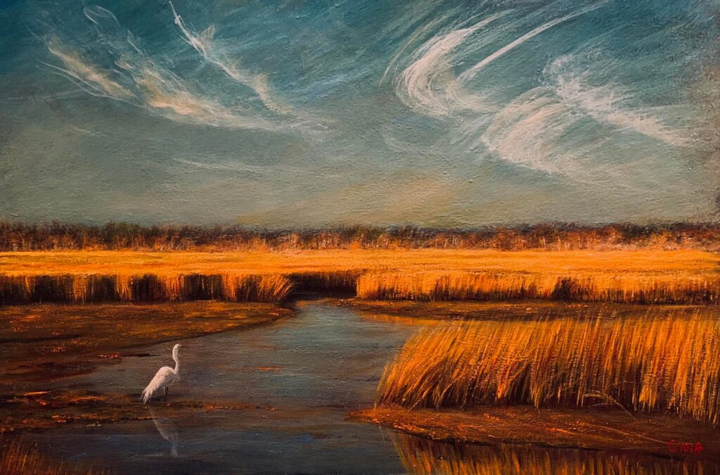 A painting of an egret in the marsh