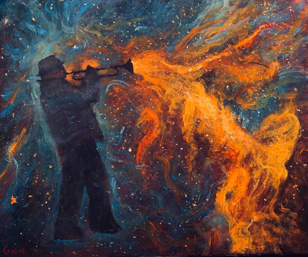A painting of a man holding a gun in front of flames.