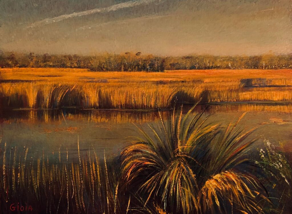 A painting of a marsh with grass and water
