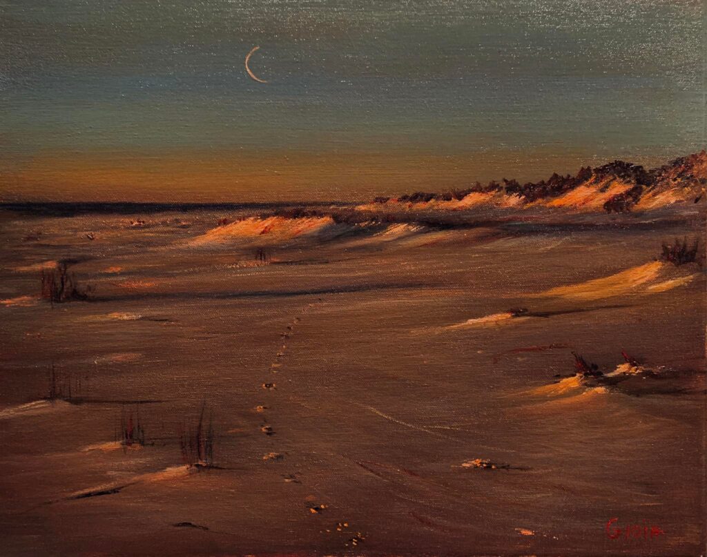 original painting of sunset dunes with crescent moon