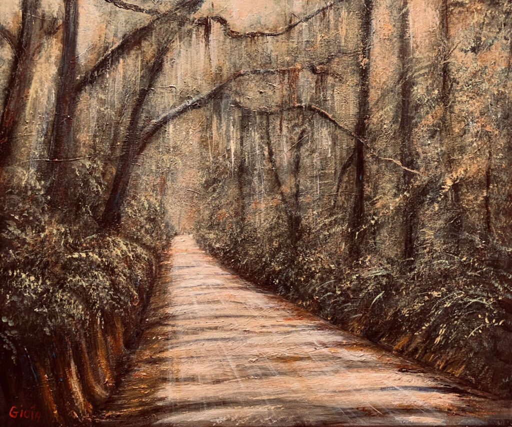 A painting of a path in the woods