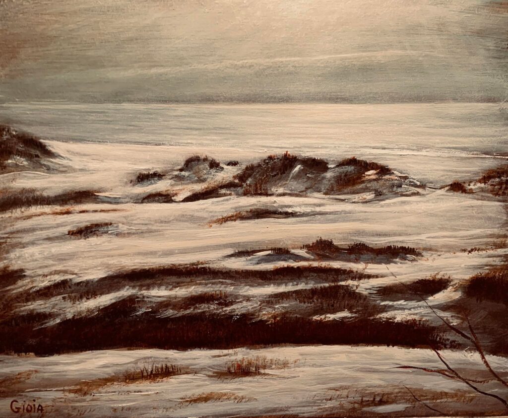 A painting of the ocean with waves coming in.