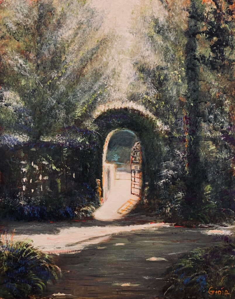 A painting of an open gate in the middle of a garden.