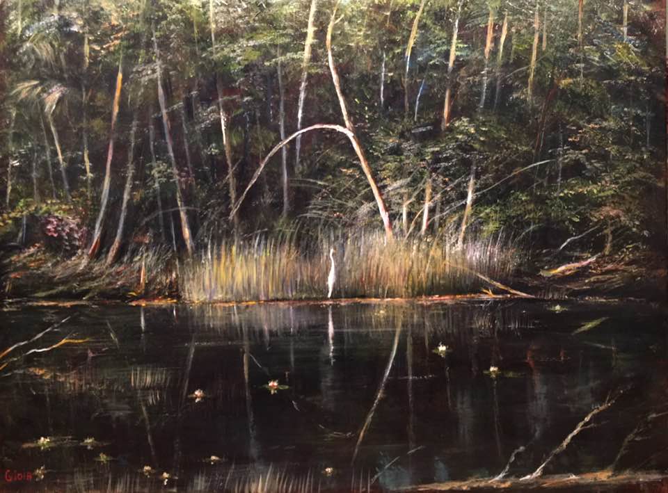 A painting of trees and water in the woods