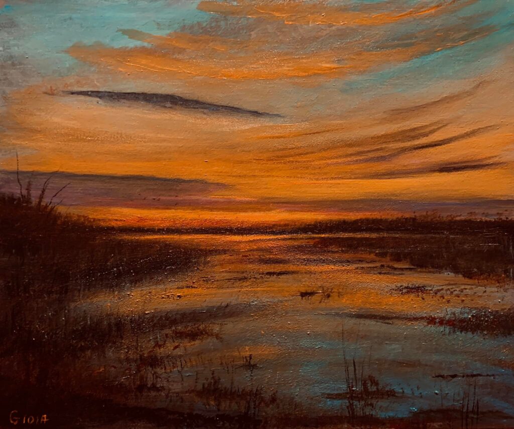 original painting of marsh at sunset