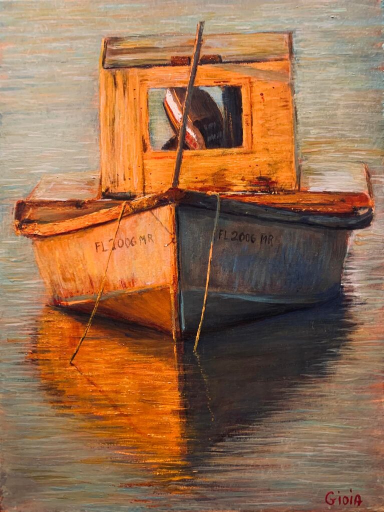A painting of a boat in the water