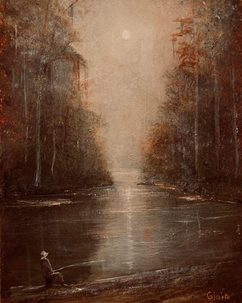 A painting of a river with trees in the background