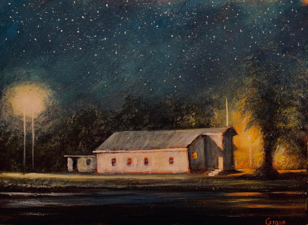 original painting of church at night
