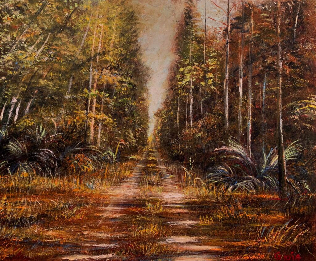 A painting of trees and dirt road