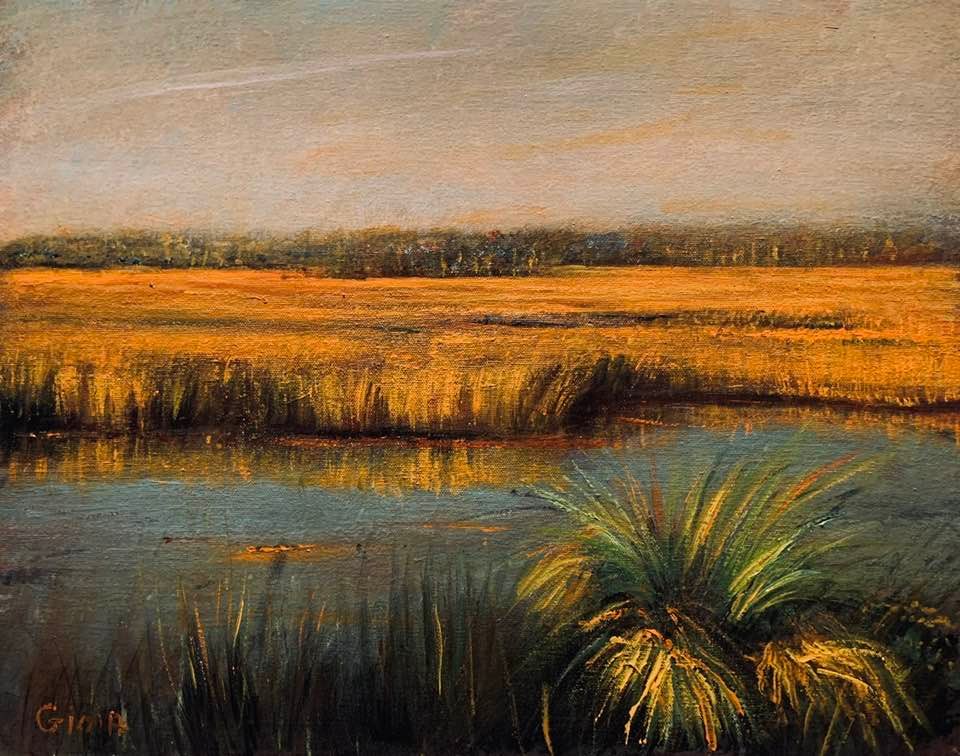 A painting of a marsh with yellow grass