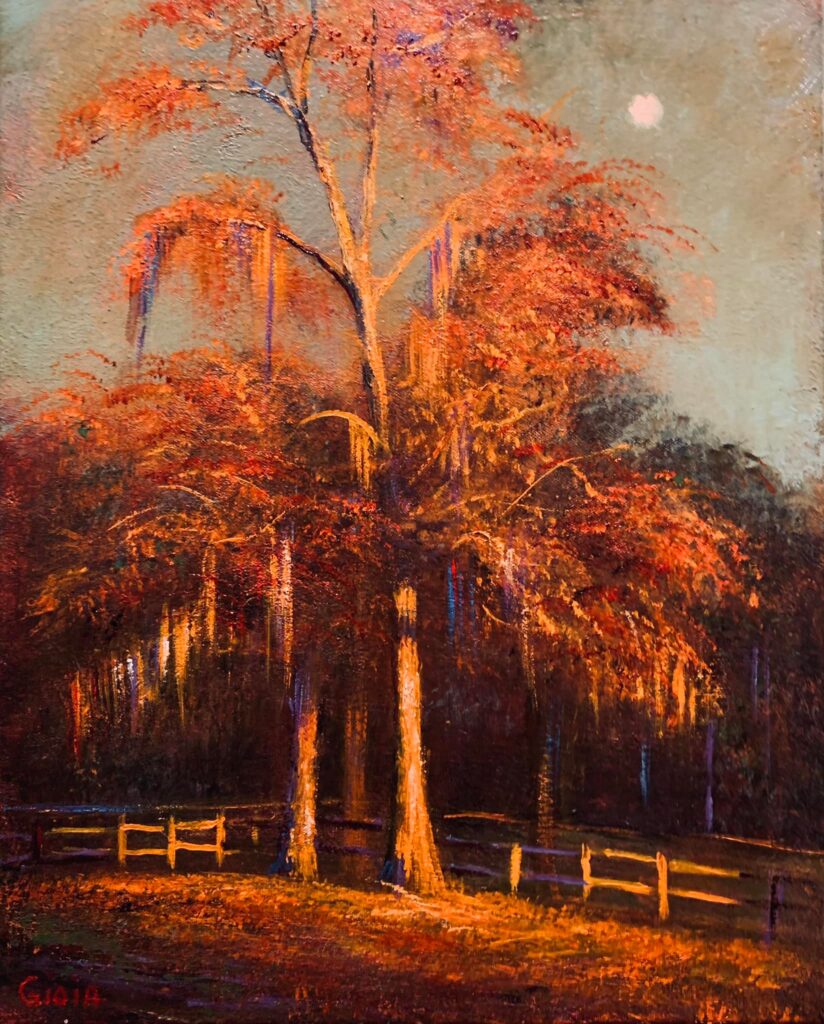 A painting of trees in the woods with fence