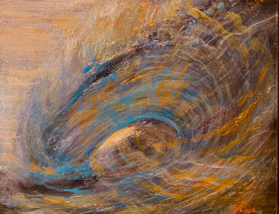 A painting of an ocean wave with blue and orange colors.