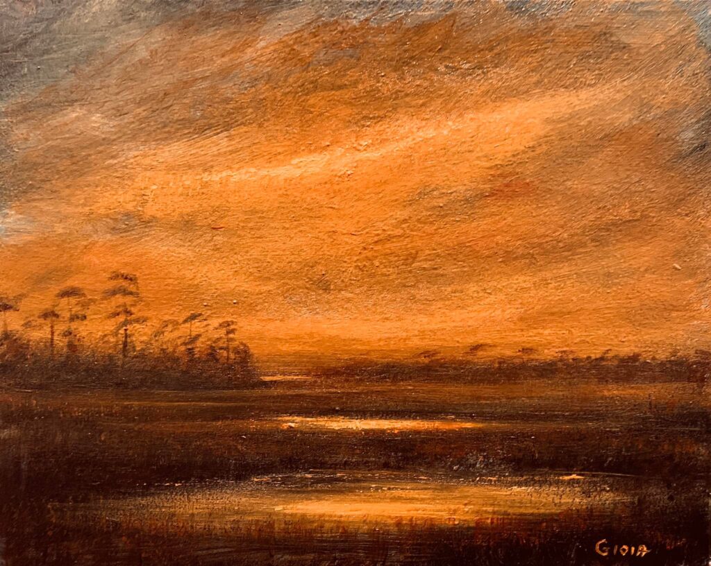 A painting of an orange sky and water