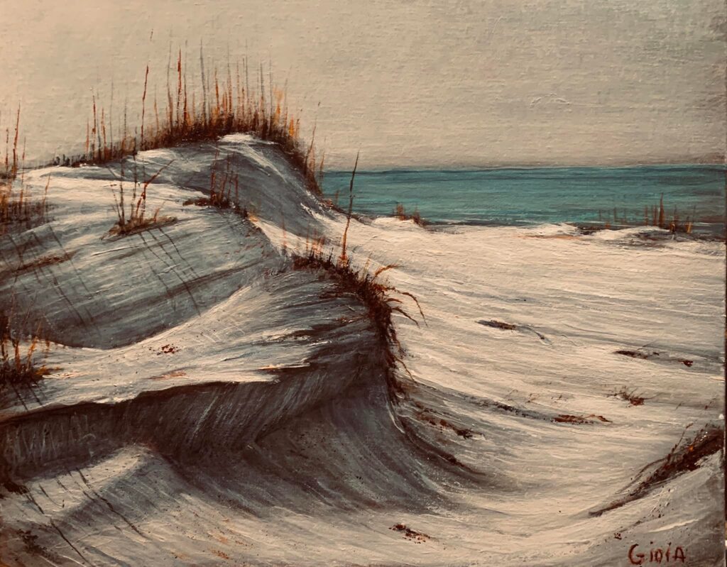 A painting of sand dunes and the ocean.