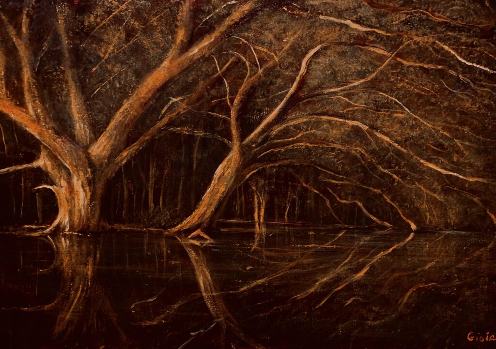 A painting of trees in the water