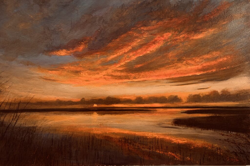 original acrylic on canvas painting of sunset over water