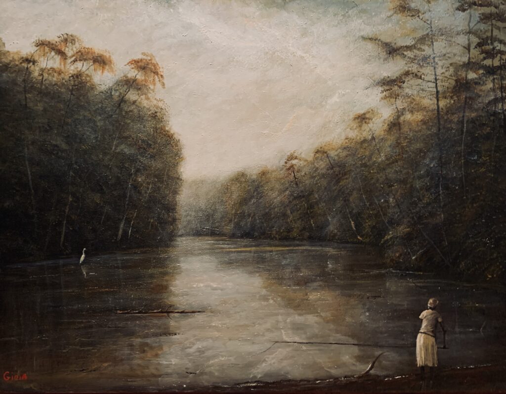 A painting of a river with trees and a boat in the background.