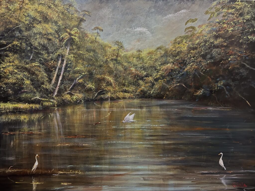 painting of water with trees and white bird