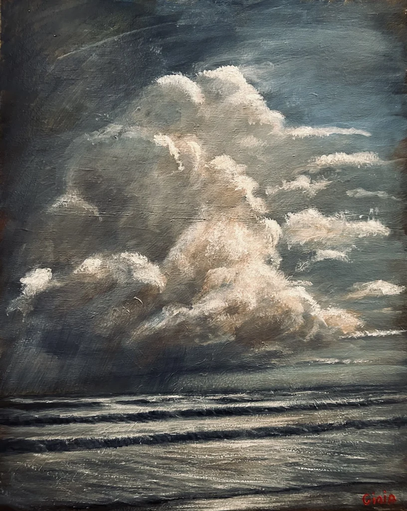 Original stormy seascape cloud painting by Dean Gioia — billowing cumulus clouds over dark rolling ocean waves, acrylic on canvas, 30x24 inches