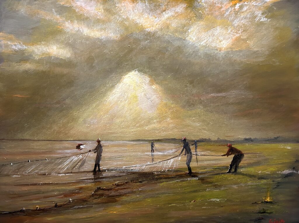 waters-edge-36x48-5500 Waters Edge coastal landscape painting showing fishermen with nets under dramatic cloudy sky