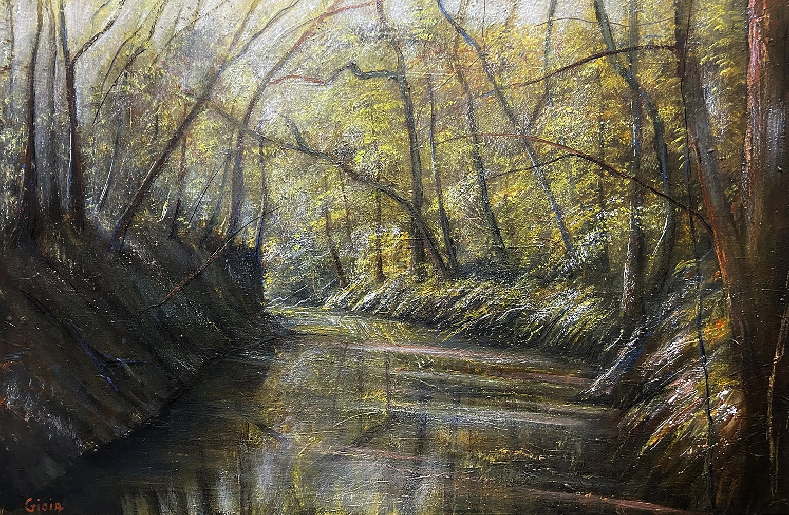 ucilla Sinks Florida landscape painting by Dean Gioia depicting a dark blackwater river winding through sunlit hardwood forest, acrylic on canvas
