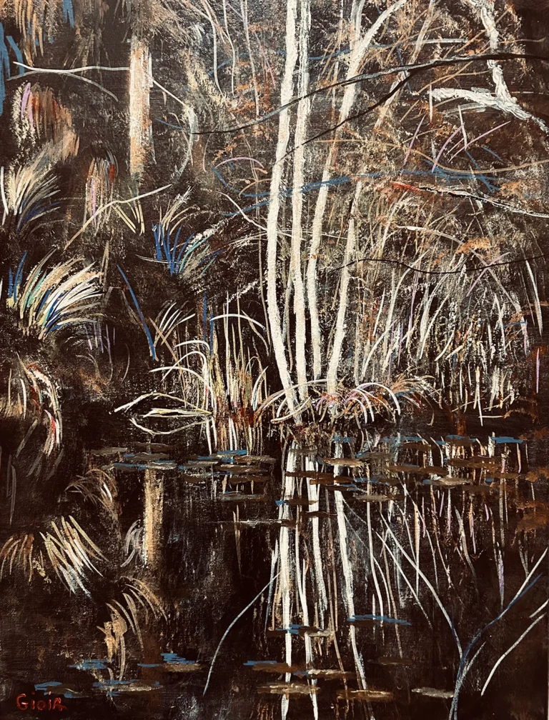 "Dark Shadows – original Florida swamp painting by Dean Gioia featuring cypress trees, marsh grasses, and still water reflections in a deep, moody palette, acrylic on canvas, 24×18 inches"