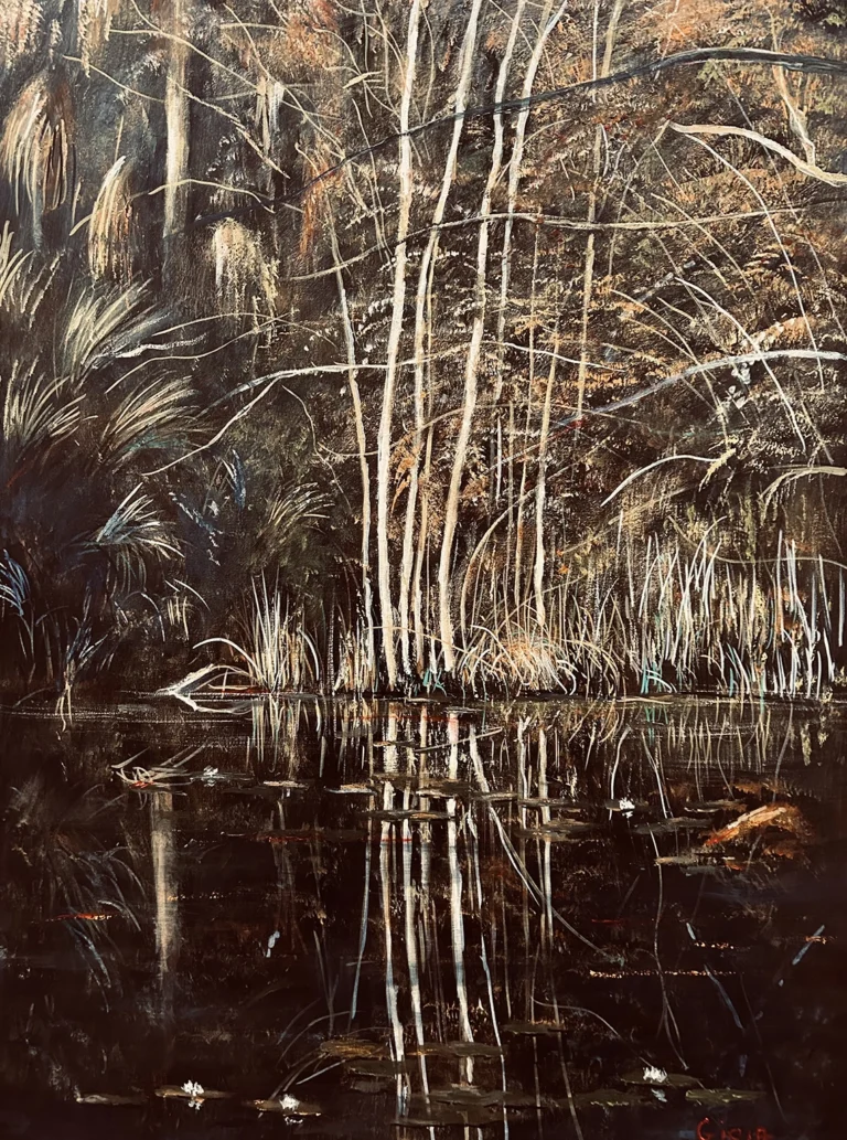 Dark Waters, Florida wetlands painting by Dean Gioia, acrylic on canvas, 40x30 inches, depicting shadowy cypress reflections in a still blackwater pond