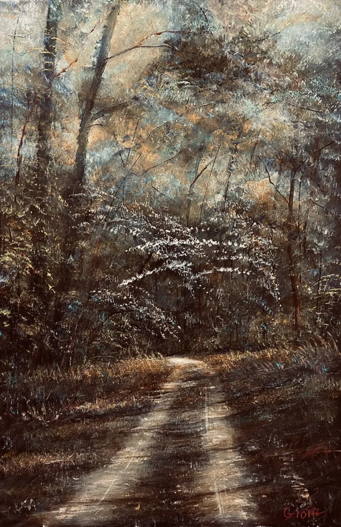 Dogwood Afternoon, original dogwood tree landscape painting by Dean Gioia, acrylic on canvas, 36x24 inches, depicting a wooded path beneath blooming dogwood branches in soft afternoon light.