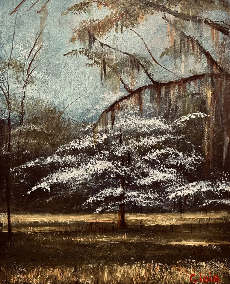 Dean Gioia original acrylic painting of a blooming dogwood tree in spring surrounded by Spanish moss-draped trees and a weathered barn in a Southern landscape
