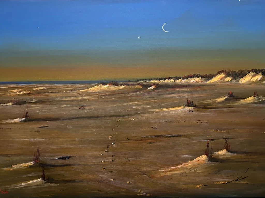 ean Gioia original acrylic painting of coastal sand dunes at sunset with a crescent moon rising over a wide beach landscape