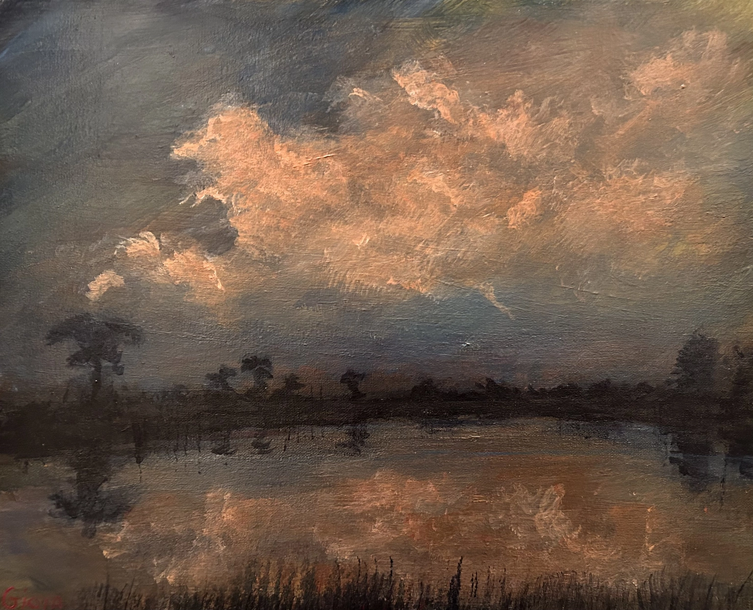 Dean Gioia acrylic painting of an eastern sky at sunset over a Florida wetlands, with billowing peach-toned clouds reflected in still dark water and silhouetted treeline.