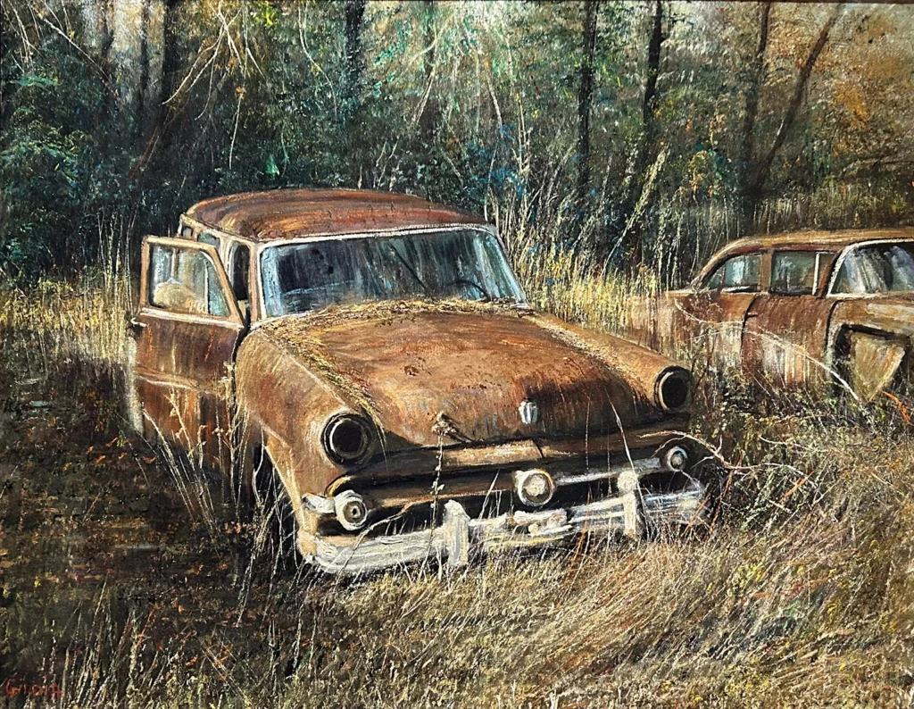 Dean Gioia acrylic painting of an abandoned rusted vintage Ford station wagon overtaken by tall grass and forest undergrowth with a second vehicle visible behind it