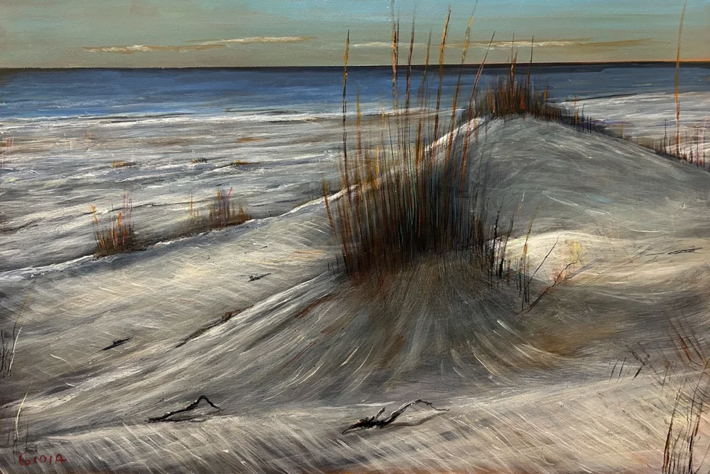 Acrylic painting of Gulf Coast sand dunes with sea oats and breaking waves by Florida artist Dean Gioia