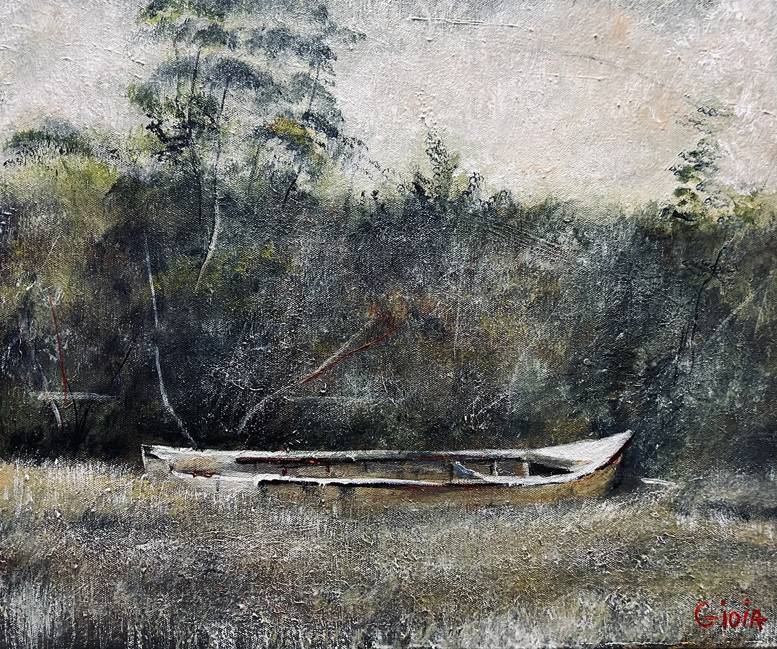 Dean Gioia original acrylic painting of an abandoned wooden skiff resting in marsh grasses and weeds along a Florida waterway, surrounded by dense trees in a muted silver-green palette.