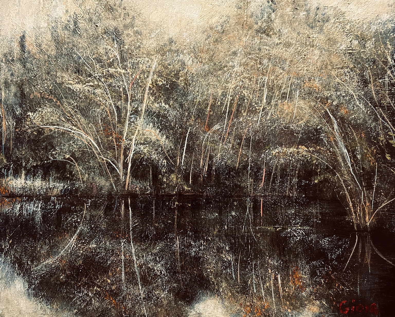 Lost Creek Spring, an acrylic landscape painting by Dean Gioia depicting bare trees and their reflections on a dark still creek in early spring