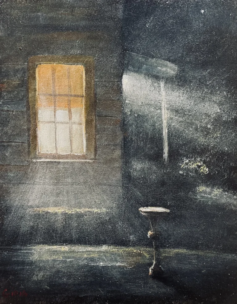 Misty Evening, an acrylic painting by Dean Gioia depicting a dimly lit interior with a glowing amber window casting light through swirling mist onto a dark, textured room with a small pedestal table.