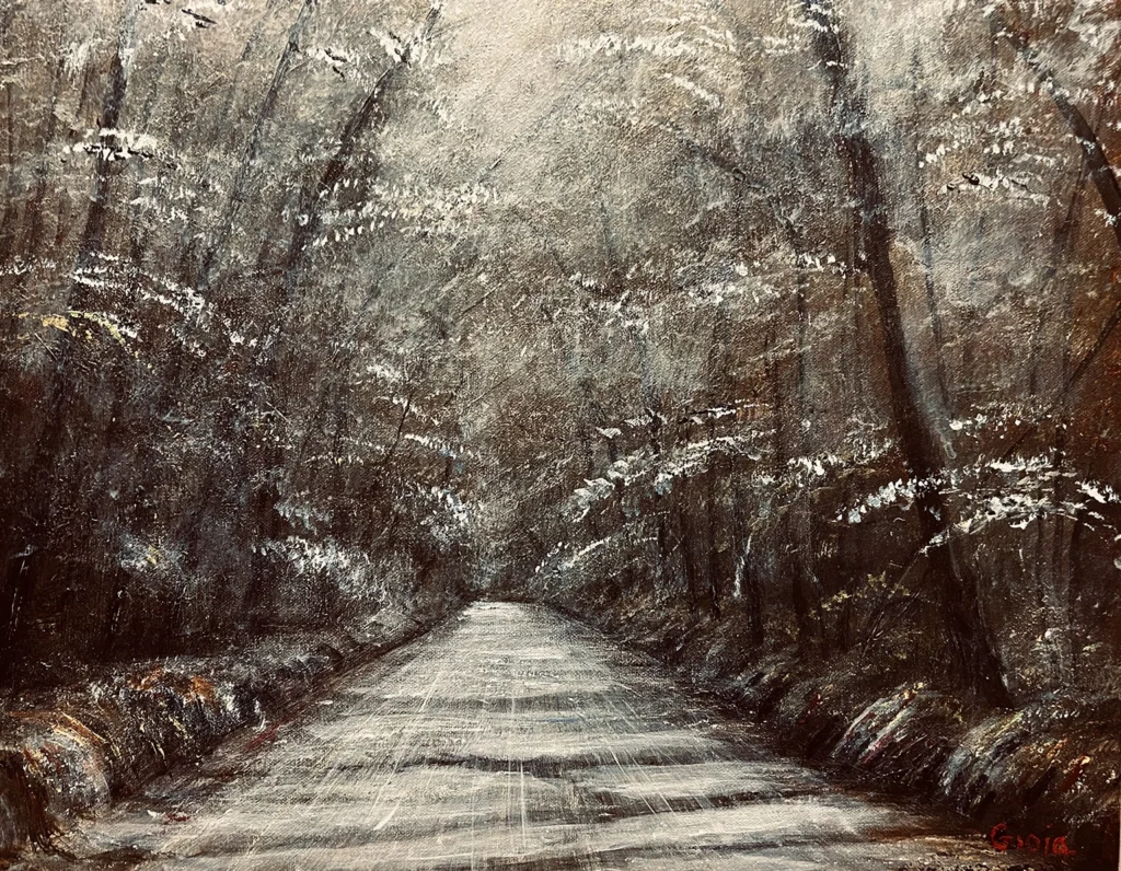 Moonlit Dogwoods, original acrylic painting by Dean Gioia depicting a moonlit country road tunneling through flowering dogwood trees at night